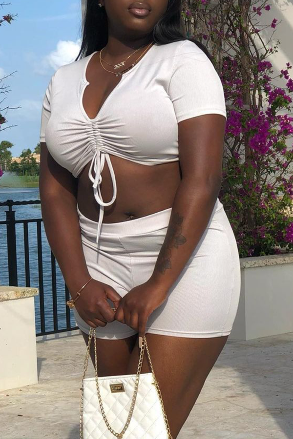 White Sexy Solid Draw String V Neck Short Sleeve Two Pieces