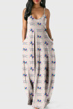 Apricot Fashion Casual Print Backless Spaghetti Strap Long Dress