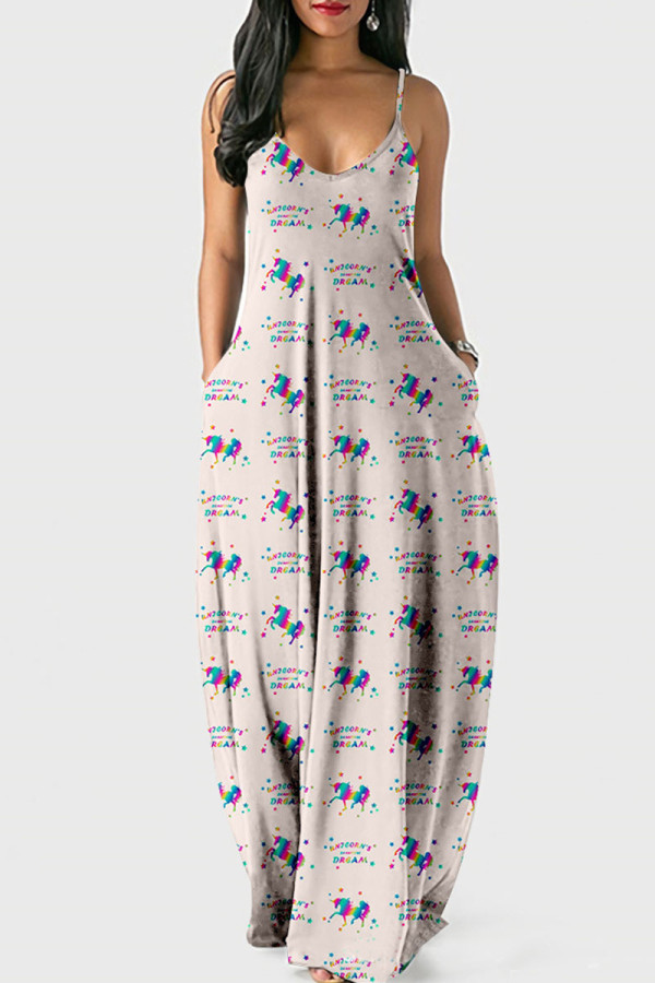 Apricot Fashion Casual Print Backless Spaghetti Strap Long Dress