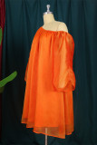 Orange Fashion Casual Solid Patchwork Fold Oblique Collar Long Sleeve Dresses