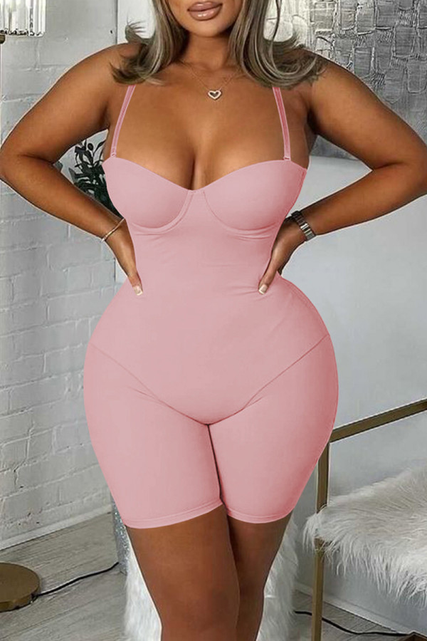 Pink Sexy Casual Solid Backless Spaghetti Strap Skinny Romper