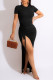 Black Casual Solid Patchwork Draw String Slit O Neck Straight Dresses