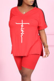 Rose Red Fashion Casual Print Slit V Neck Short Sleeve Two Pieces
