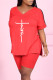 Rose Red Fashion Casual Print Slit V Neck Short Sleeve Two Pieces
