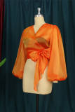 Orange Fashion Sexy Casual Solid Bandage See-through V Neck Tops