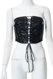 Black Sexy Solid Draw String Strapless Tops