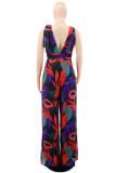 Multicolor Fashion Casual Print Bandage Backless V Neck Regular Jumpsuits