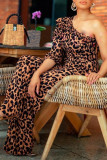 Brown Fashion Casual Print Leopard Backless Oblique Collar Regular Jumpsuits