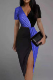 Silver Sexy Solid Patchwork Asymmetrical V Neck One Step Skirt Dresses
