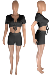 Pink Sexy Solid Draw String V Neck Short Sleeve Two Pieces