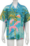 Blue Casual Print Patchwork Buckle Turndown Collar Tops