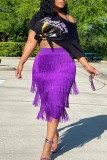 Purple Casual Print Tassel Patchwork O Neck Short Sleeve Two Pieces