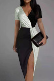 Silver Sexy Solid Patchwork Asymmetrical V Neck One Step Skirt Dresses