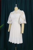 White Fashion Casual Solid Hollowed Out Patchwork With Belt O Neck Pleated Dresses
