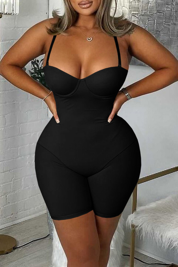 Black Sexy Casual Solid Backless Spaghetti Strap Skinny Romper