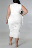 White Fashion Casual Plus Size Solid Split Joint O Neck Sleeveless Dress