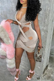 Grey Fashion Sexy Solid Hollowed Out V Neck Vest Dress
