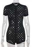 Black Fashion Sexy Solid Hollowed Out See-through O Neck Skinny Romper (Without Belt)