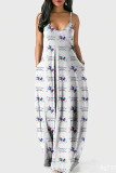 Apricot Fashion Casual Print Backless Spaghetti Strap Long Dress
