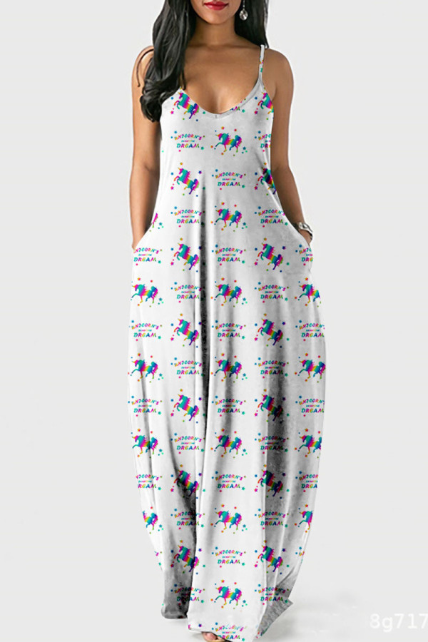 White Fashion Casual Print Backless Spaghetti Strap Long Dress