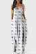 White Fashion Casual Print Backless Spaghetti Strap Long Dress