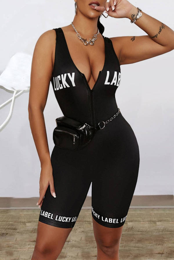 Black Fashion Casual Letter Print Basic V Neck Skinny Romper