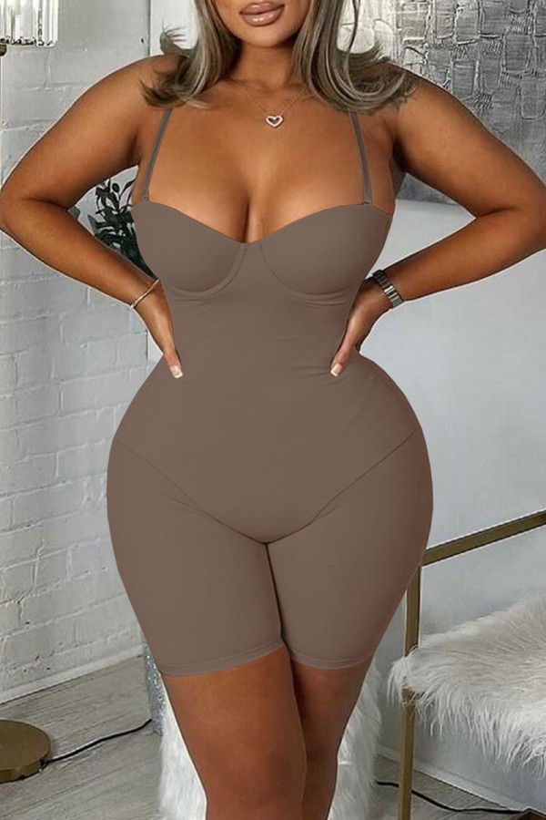 Coffee Sexy Casual Solid Backless Spaghetti Strap Skinny Romper