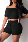 Light Purple Fashion Casual Solid Basic Off the Shoulder Short Sleeve Two Pieces