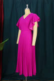 Purple Fashion Casual Solid Patchwork V Neck Pleated Dresses