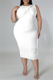 White Fashion Casual Plus Size Solid Split Joint O Neck Sleeveless Dress