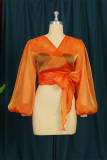 Orange Fashion Sexy Casual Solid Bandage See-through V Neck Tops