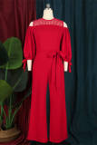 Red Fashion Casual Solid Bandage Hollowed Out Patchwork O Neck Regular Jumpsuits