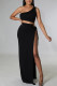 Black Sexy Solid Hollowed Out Patchwork Cross Straps Slit Oblique Collar Straight Dresses