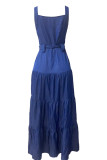 Blue Fashion Casual Solid With Belt Spaghetti Strap Vest Dress