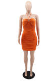 Blue Fashion Sexy Solid Bandage Backless Fold Halter Strapless Dress
