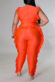 Orange Fashion Casual Solid Split Joint Turtleneck Plus Size Jumpsuits