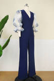 Dark Blue Fashion Casual Patchwork Basic V Neck Regular Jumpsuits