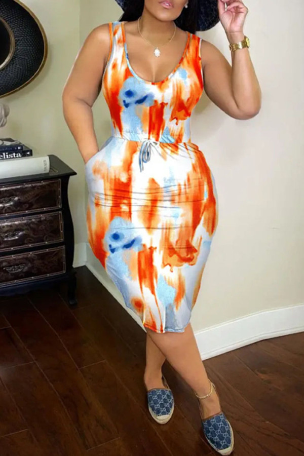 Orange Blue Fashion Casual Print Basic U Neck Vest Dress