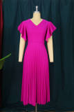Purple Fashion Casual Solid Patchwork V Neck Pleated Dresses