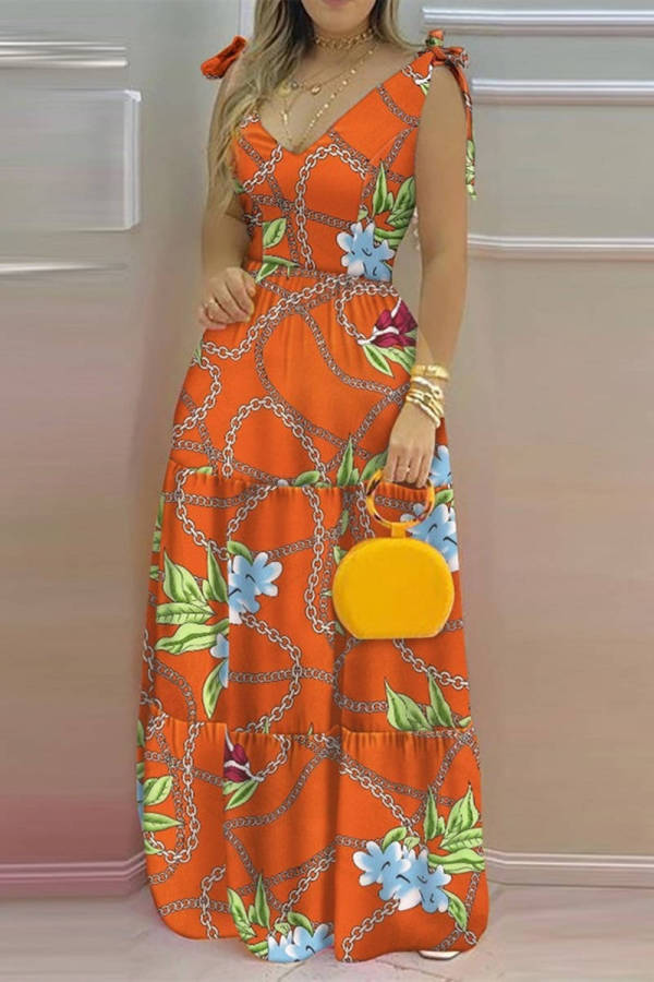 Multicolor Fashion Casual Print Bandage V Neck Long Dress