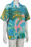 Blue Casual Print Patchwork Buckle Turndown Collar Tops