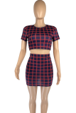 Navy Blue Fashion Plaid Patchwork O Neck Short Sleeve Two Pieces