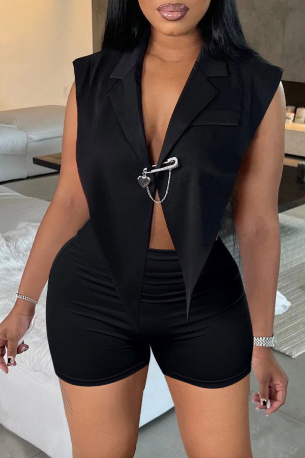 Black Sexy Solid Backless Asymmetrical V Neck Sleeveless Two Pieces