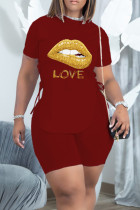 Burgundy Fashion Casual Letter Lips Printed Bandage Slit O Neck Short Sleeve Two Pieces