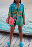 Blue Casual Print Patchwork Buckle Turndown Collar Tops