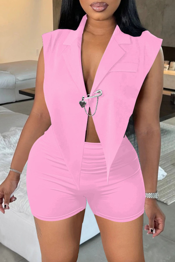 Pink Sexy Solid Backless Asymmetrical V Neck Sleeveless Two Pieces