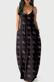 Apricot Fashion Casual Print Backless Spaghetti Strap Long Dress
