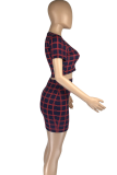 Navy Blue Fashion Plaid Patchwork O Neck Short Sleeve Two Pieces