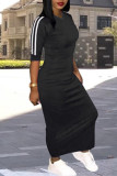 Dark Red Fashion Casual Striped Patchwork Basic V Neck Long Dress