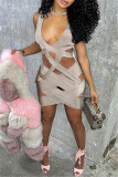 Grey Fashion Sexy Solid Hollowed Out V Neck Vest Dress